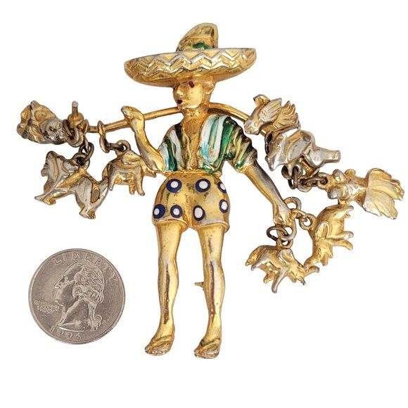 Rice Weiner 1940’s Asian Farmer Carrier Man Animal Charm Brooch K593 - Picture 7 of 10